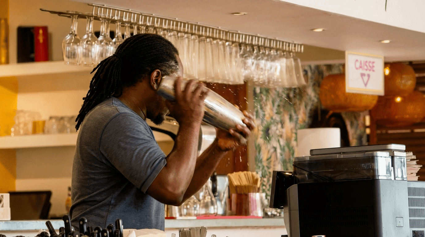 Barman du PamPam en action, cocktails tropicaux servis au bord de la marina du Gosier